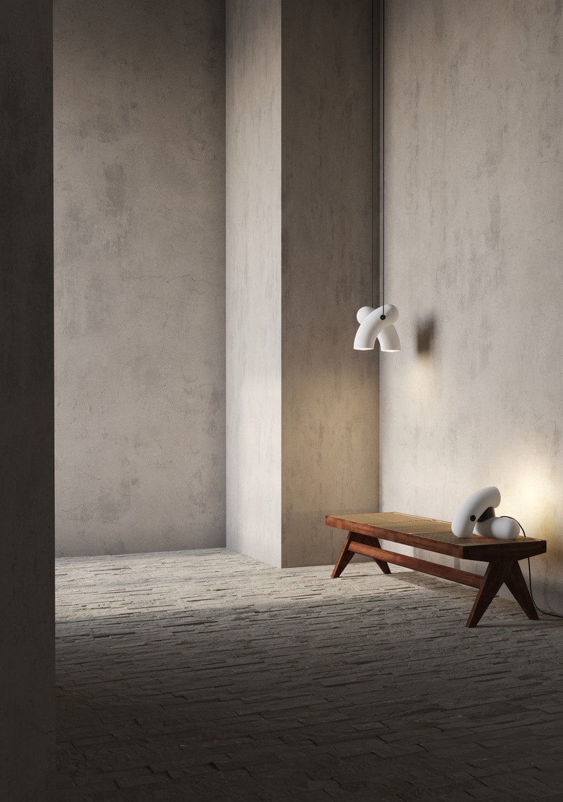 Press kit | 2375-07 - Press release | Hyphen, the New Collection From d'Armes - d'Armes - Lighting Design - Hyphen Pendant &amp; Hyphen Table double in Natural Porcelaine - Photo credit: Javier Wainstein