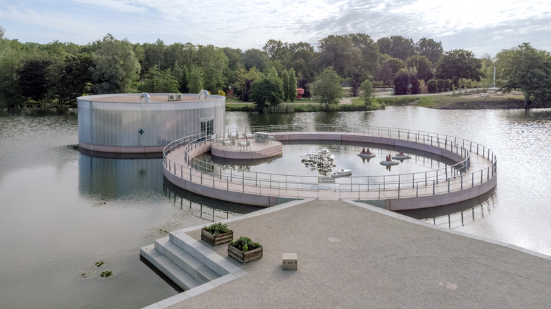 Press kit | 6081-01 - Press release | A Floating Pavilion as Testing Grounds for Museum-to-be M. in Dutch New Town Almere - M. - Art - Aerial overview of the pavilion of M. - Photo credit: Riccardo de Vecchi for M.