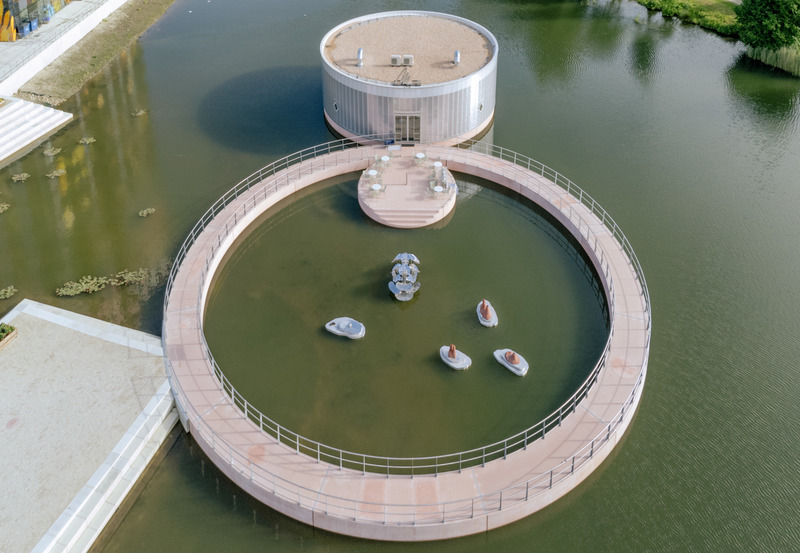 Press kit | 6081-01 - Press release | A Floating Pavilion as Testing Grounds for Museum-to-be M. in Dutch New Town Almere - M. - Art - Aerial overview of the pavilion of M. - Photo credit: Riccardo de Vecchi for M.