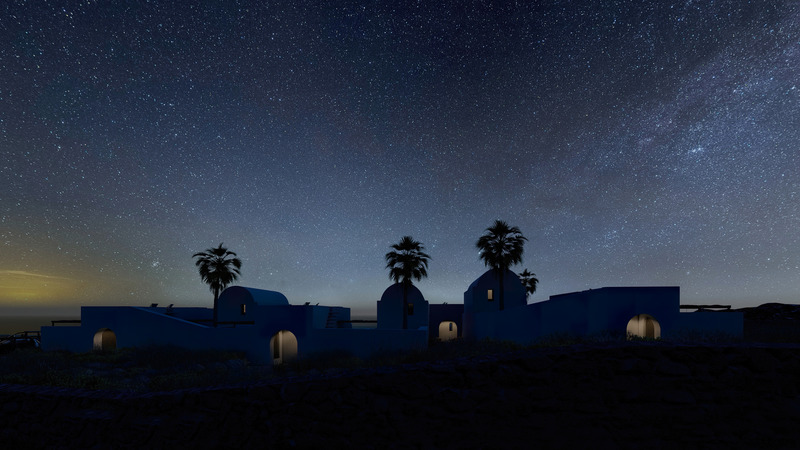 Press kit | 6076-01 - Press release | Arched Residencies on Santorini Island - iraisynn attinom - Residential Architecture - entrance night shot 1 - Photo credit: iraisynn attinom