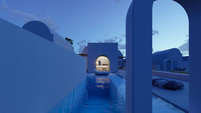 Press kit | 6076-01 - Press release | Arched Residencies on Santorini Island - iraisynn attinom - Residential Architecture - pool night shot - Photo credit: iraisynn attinom