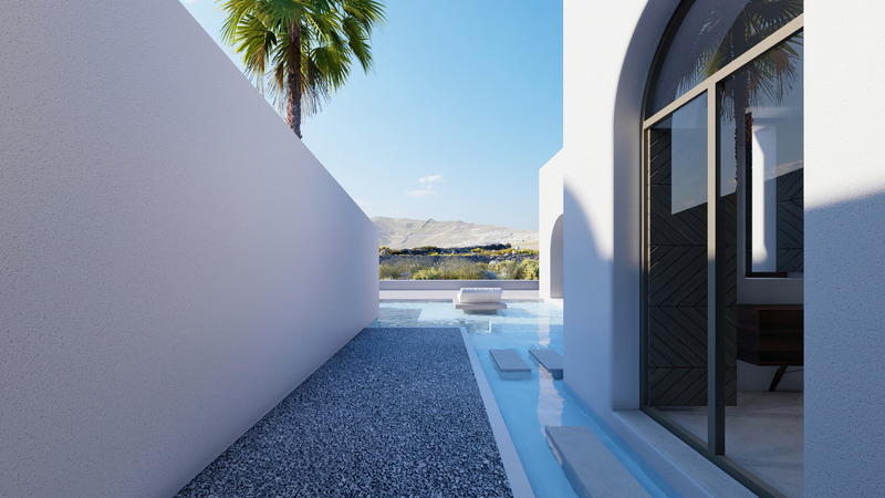 Press kit | 6076-01 - Press release | Arched Residencies on Santorini Island - iraisynn attinom - Residential Architecture - mountain view from exterior shower - Photo credit: iraisynn attinom