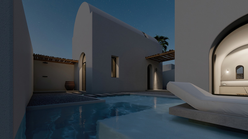 Press kit | 6076-01 - Press release | Arched Residencies on Santorini Island - iraisynn attinom - Residential Architecture - night shot from the pool  - Photo credit: iraisynn attinom