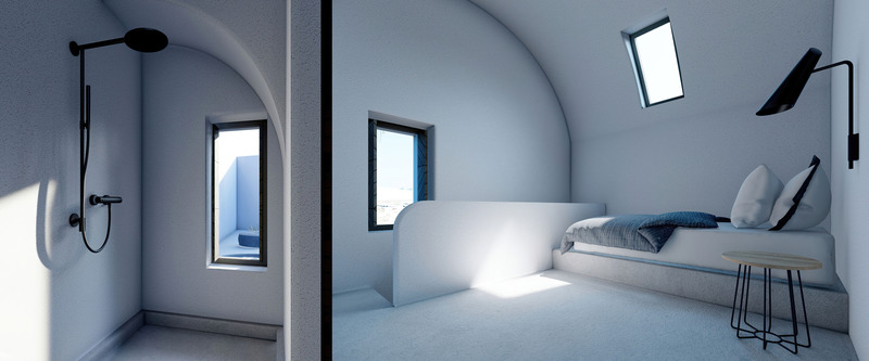 Press kit | 6076-01 - Press release | Arched Residencies on Santorini Island - iraisynn attinom - Residential Architecture - interior shower and upper floor bedroom - Photo credit: iraisynn attinom