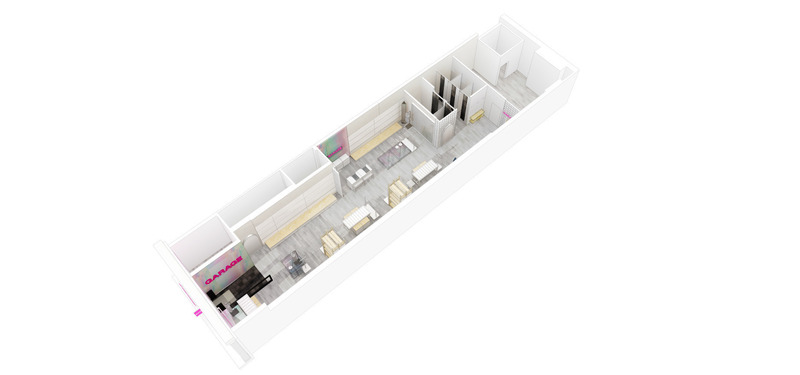 Press kit | 5898-03 - Press release | Garage, Soho, NYC - Groupe Dynamite inc. - Commercial Interior Design - Axonometric view - Photo credit: Groupe Dynamite inc.