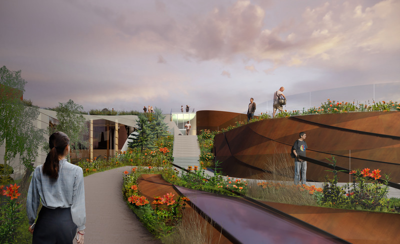 Dossier de presse | 3405-02 - Communiqué de presse | Le Centre autochtone d’excellence culturelle Mukwa Waakaa'igan - Moriyama & Teshima Architects et Smoke Architecture - Architecture institutionnelle - Vue Montante sur le Toit Paysager par des Chemins Entrelacés - Crédit photo : Moriyama &amp; Teshima Architects