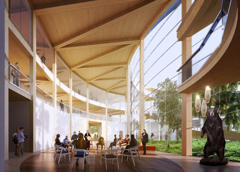 Dossier de presse | 3405-02 - Communiqué de presse | Le Centre autochtone d’excellence culturelle Mukwa Waakaa'igan - Moriyama & Teshima Architects et Smoke Architecture - Architecture institutionnelle - <p class="">Vue Intérieure: Espace Atrium</p> - Crédit photo : Moriyama &amp; Teshima Architects
