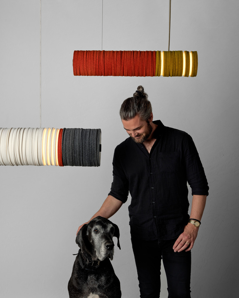 Press kit | 5507-02 - Press release | 2022 Pendant Collection - Stackabl - Industrial Design - Stackabl founder Jeff Forrest (and Charles) with 2022 pendants by Sarah Coleman - Photo credit: Patrick Biller