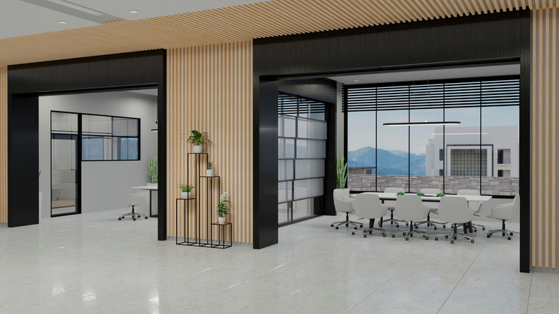 Dossier de presse | 6457-01 - Communiqué de presse | Le futur est clair. Prisma, la nouvelle cloison acoustique en verre de Skyfold - Skyfold - Architecture commerciale - Prisma_Flexible Sapce_2 walls up  - Crédit photo : Skyline Innovations