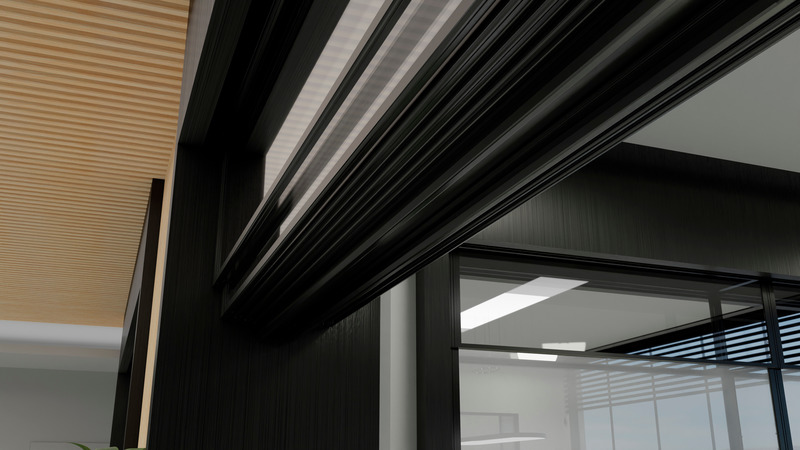 Dossier de presse | 6457-01 - Communiqué de presse | Le futur est clair. Prisma, la nouvelle cloison acoustique en verre de Skyfold - Skyfold - Architecture commerciale - Prisma_disappears into ceiling - Crédit photo : Skyline Innovations