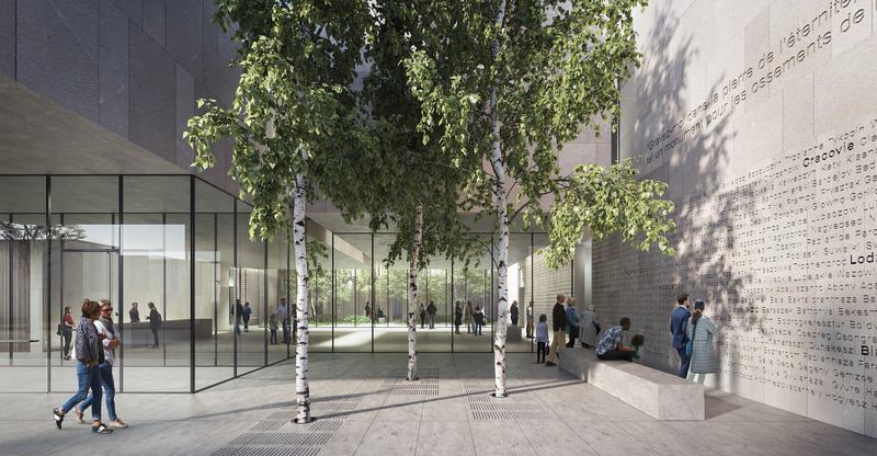 Dossier de presse | 5792-04 - Communiqué de presse | Le Musée de l'Holocauste Montréal dévoile les plans de son nouveau bâtiment au centre-ville - Musée de l'Holocauste Montréal - Concours - Perspective d’ambiance | Aménagement paysager - Crédit photo : KPMB Architects + Daoust Lestage Lizotte Stecker Architecture