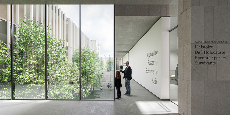 Dossier de presse | 5792-04 - Communiqué de presse | Le Musée de l'Holocauste Montréal dévoile les plans de son nouveau bâtiment au centre-ville - Musée de l'Holocauste Montréal - Concours - Perspective intérieure | Vue depuis l’escalier au niveau deux, en axe avec l’espace végétalisé - Crédit photo : KPMB Architects + Daoust Lestage Lizotte Stecker Architecture