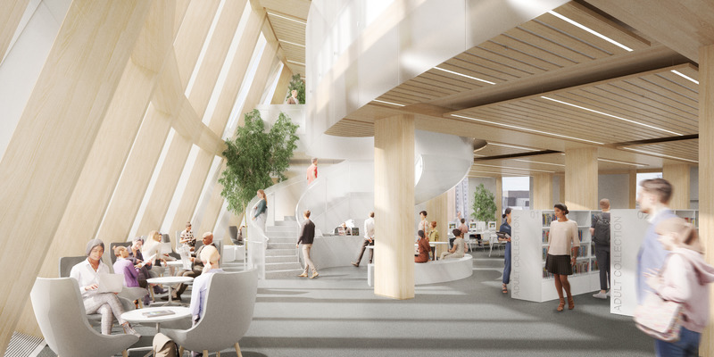 Dossier de presse | 721-13 - Communiqué de presse | Nouvelle bibliothèque centrale de Saskatoon - Formline | Chevalier Morales | Architecture49 - Architecture institutionnelle - Escalier de la collection adulte - Crédit photo : <p class="">Formline | Chevalier Morales | Architecture49</p>