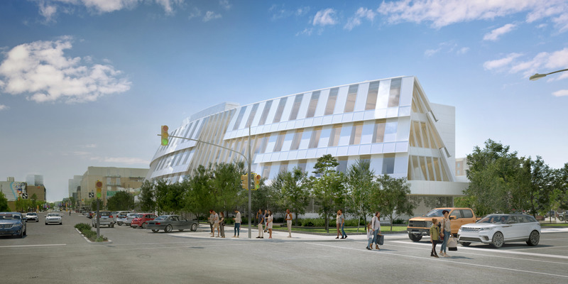 Dossier de presse | 721-13 - Communiqué de presse | Nouvelle bibliothèque centrale de Saskatoon - Formline | Chevalier Morales | Architecture49 - Architecture institutionnelle - Vue extérieure - Extrémité nord - Crédit photo : Formline | Chevalier Morales | Architecture49