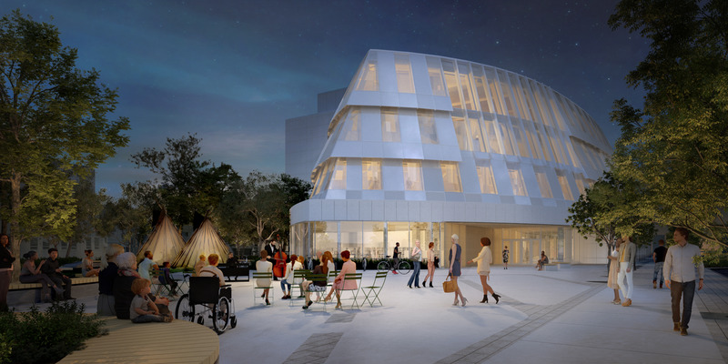 Dossier de presse | 721-13 - Communiqué de presse | Nouvelle bibliothèque centrale de Saskatoon - Formline | Chevalier Morales | Architecture49 - Architecture institutionnelle - Vue extérieure - Extrémité sud - La nuit - Crédit photo : <p class="">Formline | Chevalier Morales | Architecture49</p>