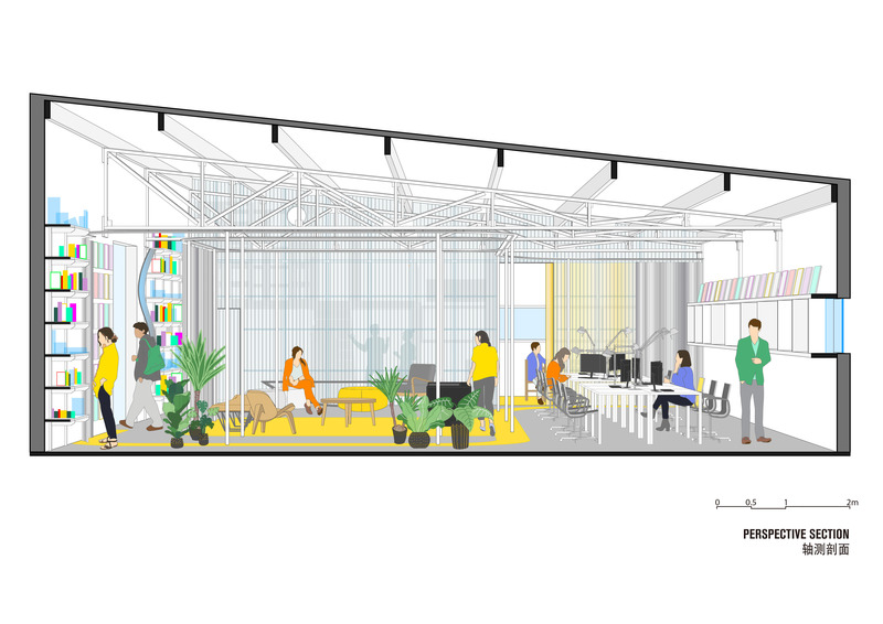 Dossier de presse | 5714-03 - Communiqué de presse | Crossboundaries' Transformable Workplace - Crossboundaries - Design d’intérieur commercial - Perspective section - Crédit photo : Crossboundaries