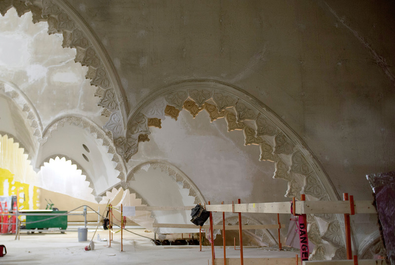 Press kit | 6501-01 - Press release | GBCA's Winning Streak: Architectural Firm Gains Industry Recognition for Revitalizing Massey Hall - GBCA - Goldsmith Borgal & Company Ltd. Architects - Commercial Architecture - The decorated ceiling's arches during restoration - Photo credit: By Jag Gundu 