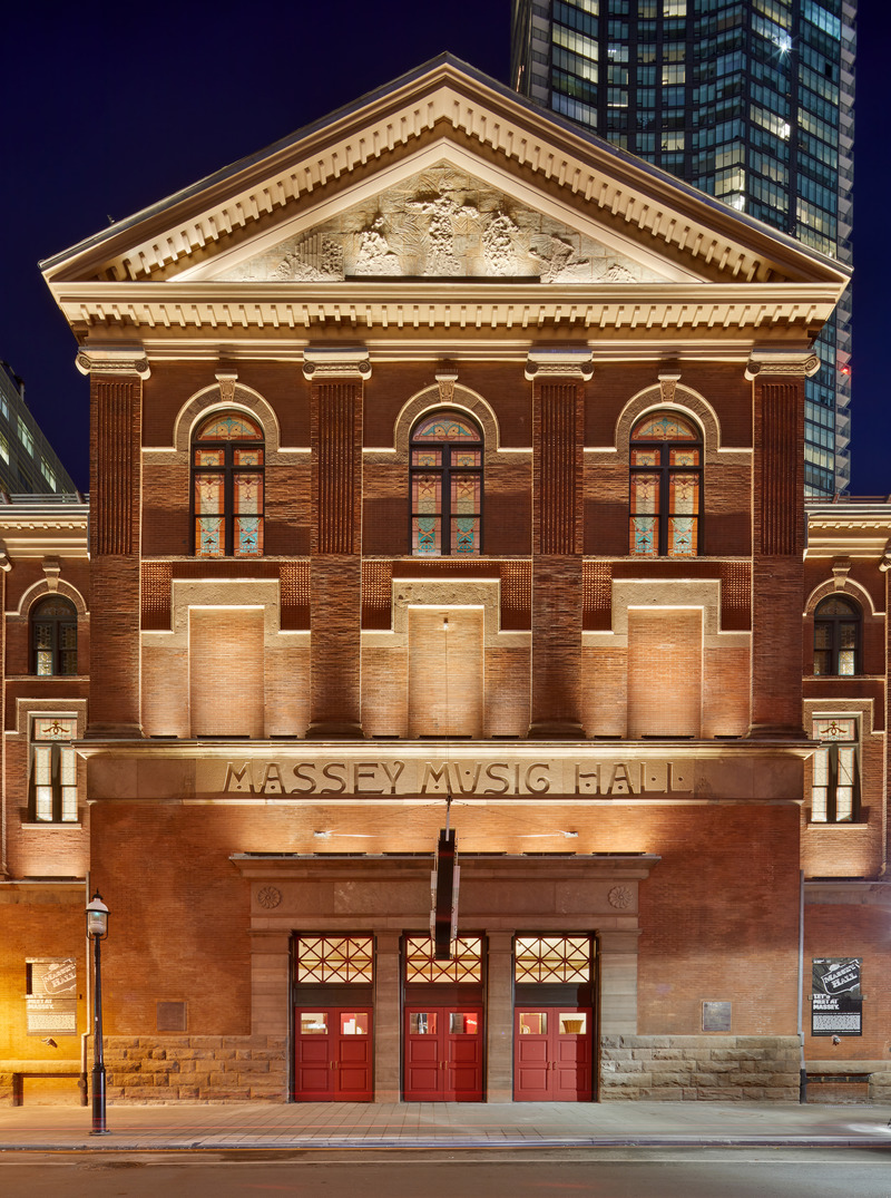 Press kit | 6501-01 - Press release | GBCA's Winning Streak: Architectural Firm Gains Industry Recognition for Revitalizing Massey Hall - GBCA - Goldsmith Borgal & Company Ltd. Architects - Commercial Architecture -  The restored front façade and stone sign band 'Massey Music Hall' lit up at night  - Photo credit: by Tom Arban