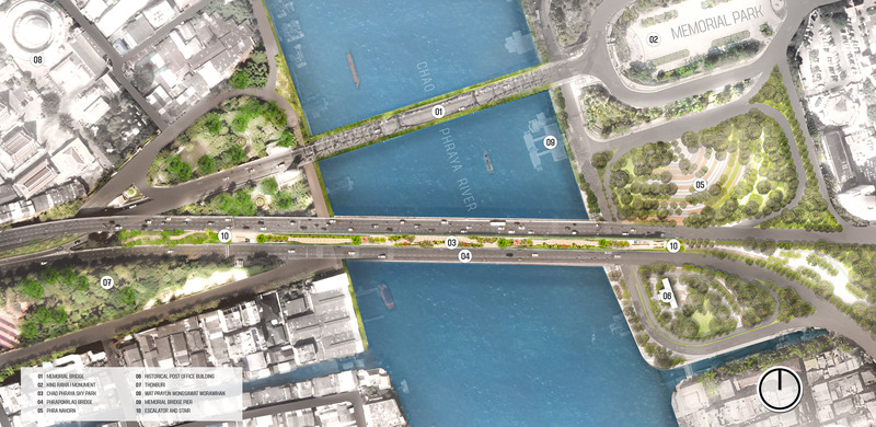 Dossier de presse | 5298-02 - Communiqué de presse | Chao Phraya Sky Park - Kotchakorn Voraakhom - Architecture de paysage -  <p>Bridging Bangkok’s past and present at a glance. </p><p><br></p><p>Merging juxtaposed sides of Bangkok two existing parks, the CPSP creates the first pedestrian bridge across the river for the nation, enabling dwellers to traverse on foot. Once inaccessible, the wasted infrastructure now links Bangkok’s significant cultural and historical landmarks.</p>  - Crédit photo : LANDPROCESS