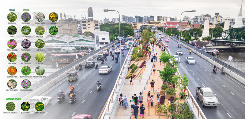 Dossier de presse | 5298-02 - Communiqué de presse | Chao Phraya Sky Park - Kotchakorn Voraakhom - Architecture de paysage - <p>Bridging not just people but also wildlife. </p><p><br></p><p>CPSP shows the importance of walkability, creating low carbon-emission construction from adaptive reuse while restoring its citizens' physical and mental health with greenery. These natural gradients promote urban biodiversity, providing a microclimate and green corridor for pollinators and insects. </p> - Crédit photo : LANDPROCESS