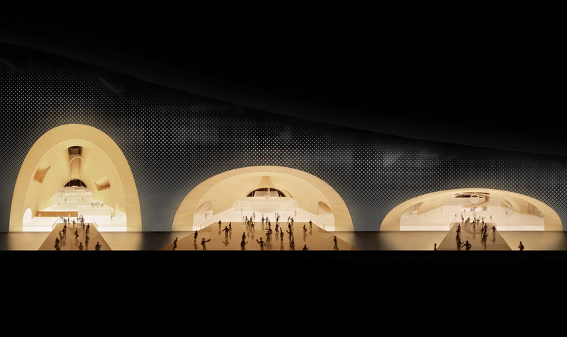 Press kit | 5204-01 - Press release | Hengqin Culture & Art Complex: A Beacon of Growth and a Bastion of Arts and Culture - Yunchao Xu/Atelier Apeiron - Institutional Architecture - Three vaulted halls at night  - Photo credit: Yunchao Xu