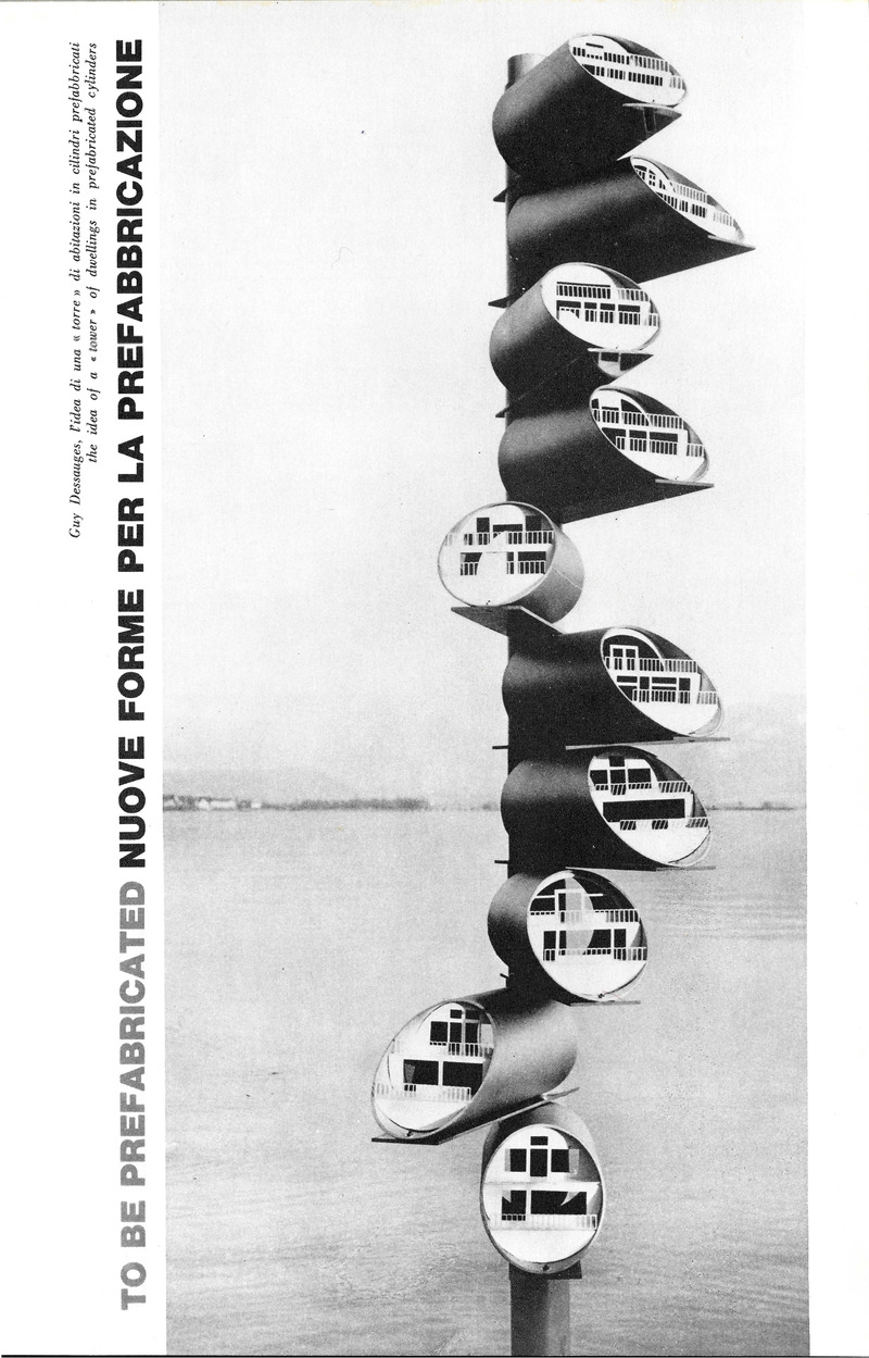 Dossier de presse | 748-45 - Communiqué de presse | Regard historique sur l’impact de la préfabrication dans l’architecture au Centre de design de l’UQAM - Centre de design de l'UQAM - Architecture institutionnelle - Habitations cylindriques. Habitations individuelles en forme de cylindres superposés préfabriqués. Guy Dessauges – EU brevet 207101 (1967) - Crédit photo : Collection privée de Hans Demarmels