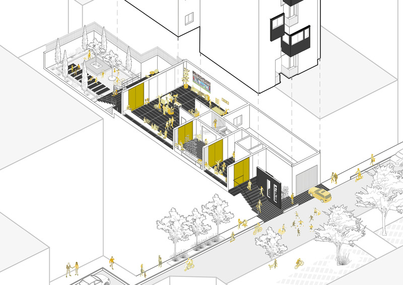 Dossier de presse | 6573-01 - Communiqué de presse | VOID+ - Studio Pousti - Architecture résidentielle -   A slightly raised platform above street level, offers moments along its path that stimulate the senses, offering different scenarios for reflection, interaction, exhibition, play and dialogue in an attempt to draw in the neighborhood. This ground floor platform is a field for social interactions.   - Crédit photo : Maryam Pousti and Ronak Monfared