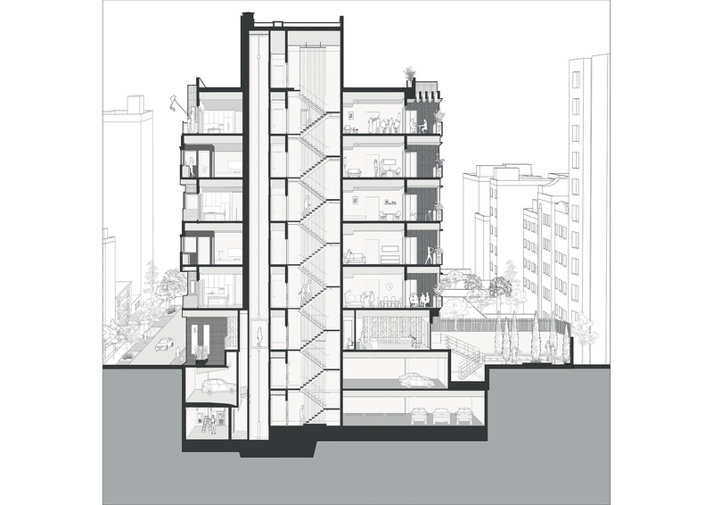 Dossier de presse | 6573-01 - Communiqué de presse | VOID+ - Studio Pousti - Architecture résidentielle -  Long section revealing the relationship of the boundary of the building with its surroundings.  - Crédit photo : Maryam Pousti and Ronak Monfared
