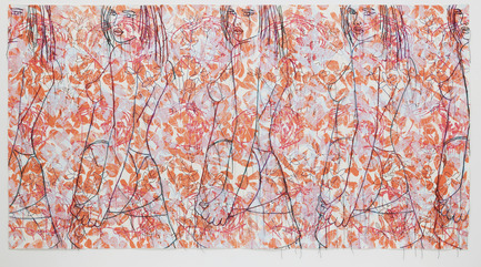 Press kit | 701-06 - Press release | Ghada Amer, Valérie Blass and Wangechi Mutu exhibitions at the MAC - Musée d'art contemporain de Montréal (MAC) - Event + Exhibition - Ghada AmerOrange Dream, 2007Sérigraphie sur papier coton coloré fait main STPI145,4 x 275 cm  - Photo credit: © Ghada Amer et Reza FarkhondehAvec l’aimable permission de Cheim & Read, New York.