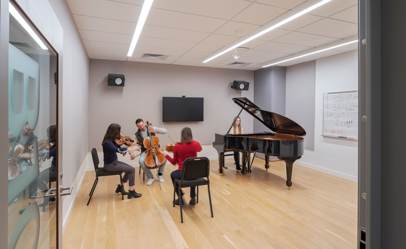 Press kit | 1844-02 - Press release | San Francisco Conservatory of Music’s New Ute and William K. Bowes, Jr. Center - Mark Cavagnero Associates - Institutional Architecture -  Music classrooms are highly acoustically-controlled spaces custom-designed for the Conservatory.  Box-in-box construction provides acoustic separation needed for a drummer to practice in a room next door to a violinist.    - Photo credit: Kyle Jeffers