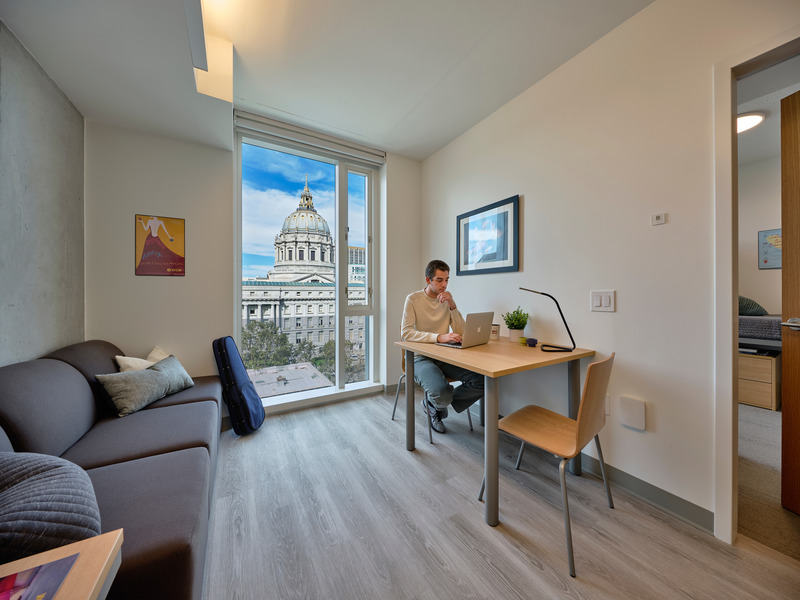 Press kit | 1844-02 - Press release | San Francisco Conservatory of Music’s New Ute and William K. Bowes, Jr. Center - Mark Cavagnero Associates - Institutional Architecture -  Student suites provide affordable housing for SFCM students in the heart of San Francisco.  Residents have access to the city right outside their doorstep, with public transit close by.    - Photo credit: Tim Griffith