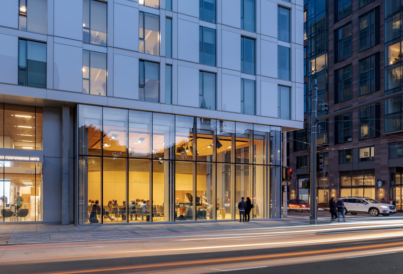Press kit | 1844-02 - Press release | San Francisco Conservatory of Music’s New Ute and William K. Bowes, Jr. Center - Mark Cavagnero Associates - Institutional Architecture -  The recital hall features floor to ceiling windows, engaging those passing by Van Ness Avenue and Hayes Street.  - Photo credit: Kyle Jeffers
