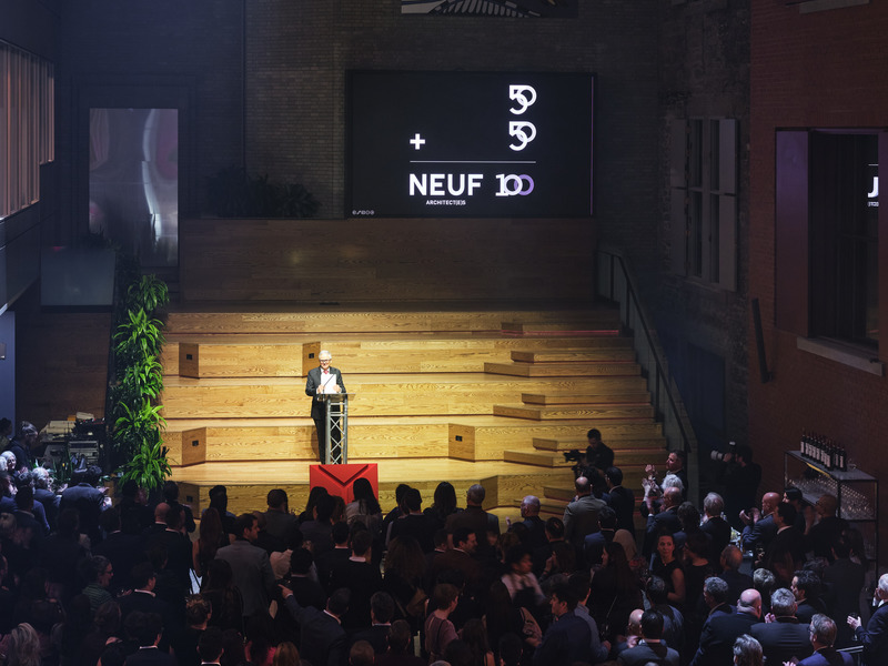 Press kit | 1387-10 - Press release | 50 Years, 500+ Pages - NEUF architect(e)s - Event + Exhibition - President and Partner Architect Bruno St-Jean on stage for his allocution - Photo credit:  Ulysse Lemerise  / OSA Images  