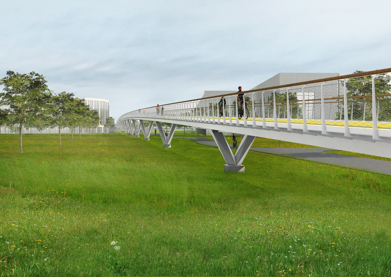 Dossier de presse | 3570-03 - Communiqué de presse | Construction Begins on Longest Bicycle and Pedestrian Bridge in Flanders, Belgium - Architectural studio ZJA - Architecture industrielle - The bridge is made of steel and rests on V-shaped grey steel columns with cut-away corners<span></span> - Crédit photo : <p>Architectural studio ZJA</p>