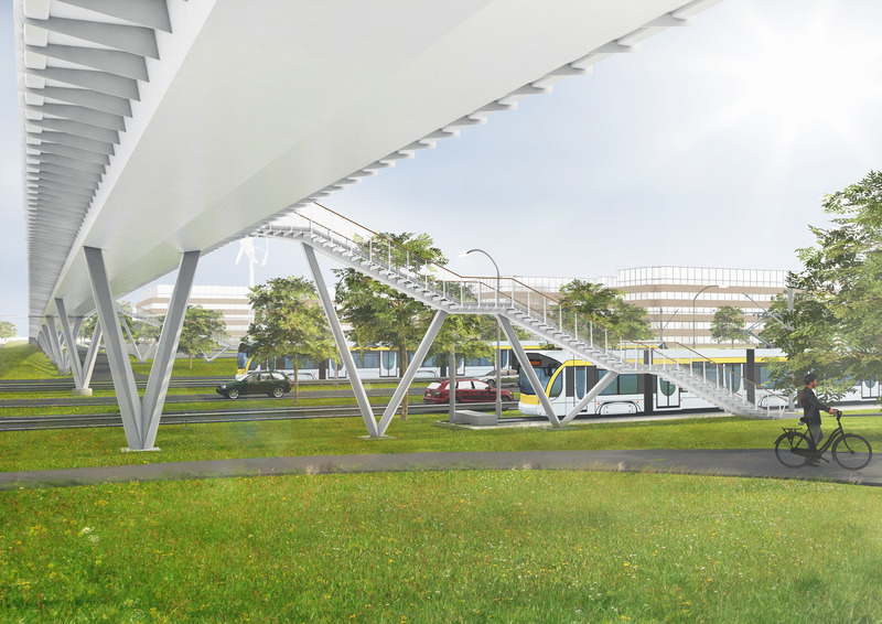 Dossier de presse | 3570-03 - Communiqué de presse | Construction Begins on Longest Bicycle and Pedestrian Bridge in Flanders, Belgium - Architectural studio ZJA - Architecture industrielle - The steps that give access to the bridge at the tram stop match the design and appear transparent. They are also elongated and shallow enough to ensure a comfortable climb to the bridge deck. - Crédit photo : Architectural studio ZJA