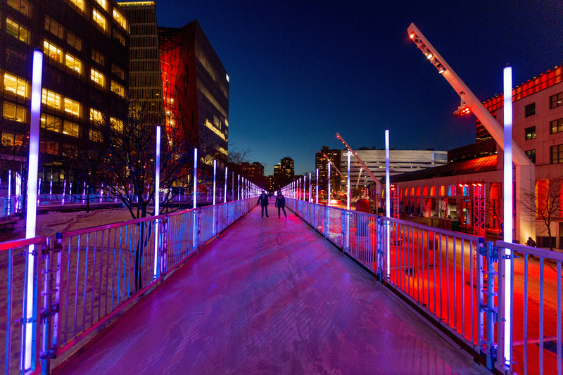 Press kit | 6776-01 - Press release | A Winter Experience Like no Other in the World. The Montréal en Lumière Festival Opens a 1000-Foot-Long Aerial Skating Trail with an Ambience of Immersive Sound and Light - Montréal en Lumière - Urban Design -  An immersive skating experience  - Photo credit:  Frédérique Ménard-Aubin for MONTRÉAL EN LUMIÈRE 
