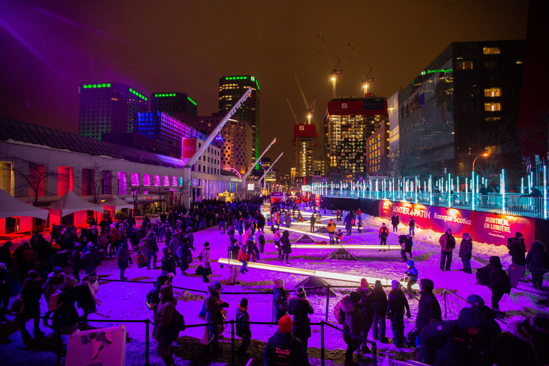 Press kit | 6776-01 - Press release | A Winter Experience Like no Other in the World. The Montréal en Lumière Festival Opens a 1000-Foot-Long Aerial Skating Trail with an Ambience of Immersive Sound and Light - Montréal en Lumière - Urban Design - The team wanted the installation, which would occupy the entire Place des Festivals, to have a positive visual impact not only for skaters on the ice, but also for people admiring it from outside the rink. - Photo credit:   Frédérique Ménard-Aubin for MONTRÉAL EN LUMIÈRE  