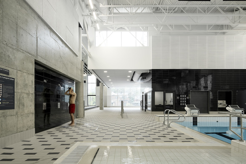 Press kit | 1057-13 - Press release | Rosemont Aquatic Center - Poirier Fontaine Architectes Inc. in collaboration with Riopel + associés architectes and KANVA - Institutional Architecture - Interstice between the semi-olympic pool and the acclimatization pool - Photo credit: Maxime Brouillet