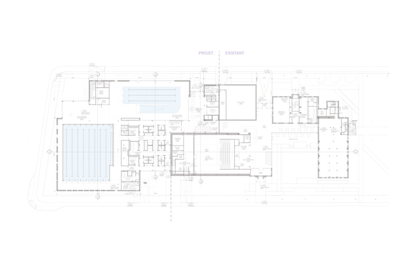 Press kit | 1057-13 - Press release | Rosemont Aquatic Center - Poirier Fontaine Architectes Inc. in collaboration with Riopel + associés architectes and KANVA - Institutional Architecture - Floor plan level 1 - Photo credit: Architecture team