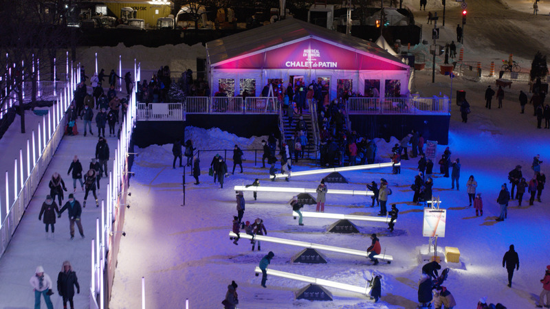 Press kit | 6776-01 - Press release | A Winter Experience Like no Other in the World. The Montréal en Lumière Festival Opens a 1000-Foot-Long Aerial Skating Trail with an Ambience of Immersive Sound and Light - Montréal en Lumière - Urban Design - An elevated structure 2.5 meters (8.2 feet) above ground level - Photo credit:   MONTRÉAL EN LUMIÈRE  
