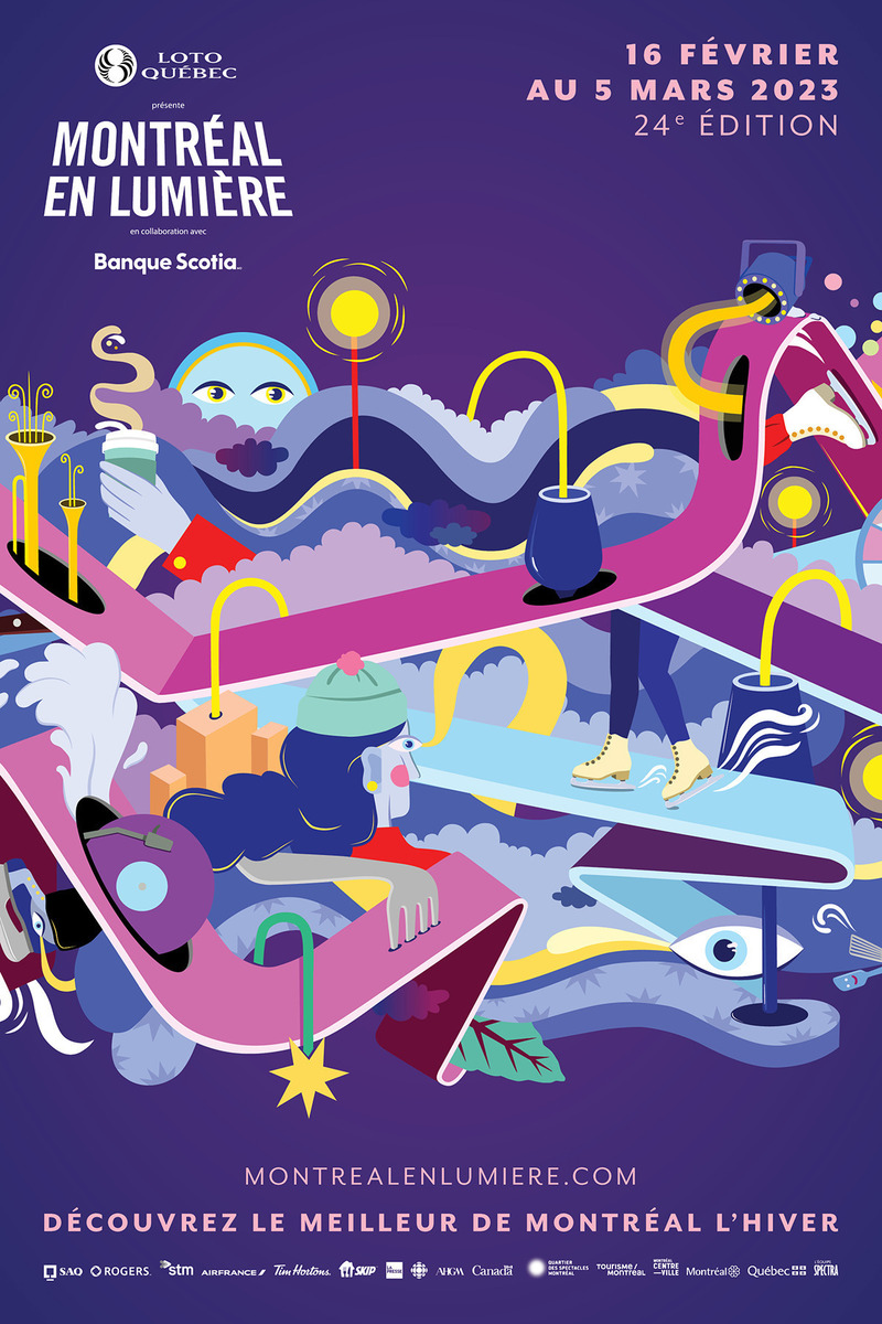 Press kit | 6776-01 - Press release | A Winter Experience Like no Other in the World. The Montréal en Lumière Festival Opens a 1000-Foot-Long Aerial Skating Trail with an Ambience of Immersive Sound and Light - Montréal en Lumière - Urban Design - Official poster of the MONTRÉAL EN LUMIÈRE festival by artist Caitlin McDonagh - Photo credit: Caitlin McDonagh