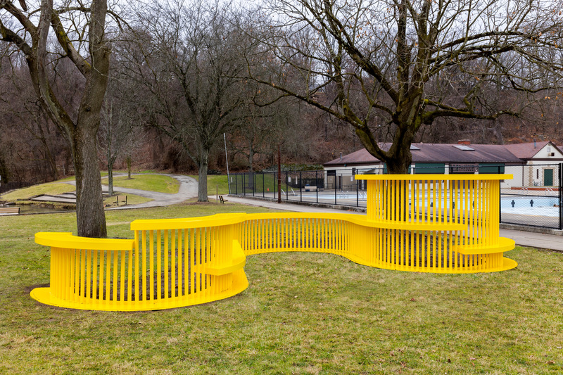 Press kit | 5595-07 - Press release | A New Playscape in Pittsburgh focuses on Sparking Communal Connection - The Urban Conga - Landscape Architecture - The two existing ash trees in the space serve as visual anchors to the work.  - Photo credit: Sean Carroll