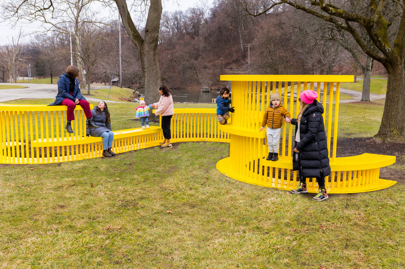 Press kit | 5595-07 - Press release | A New Playscape in Pittsburgh focuses on Sparking Communal Connection - The Urban Conga - Landscape Architecture - Together's open-ended design breaks the space into a variety of different social opportunities.  - Photo credit: Sean Carroll