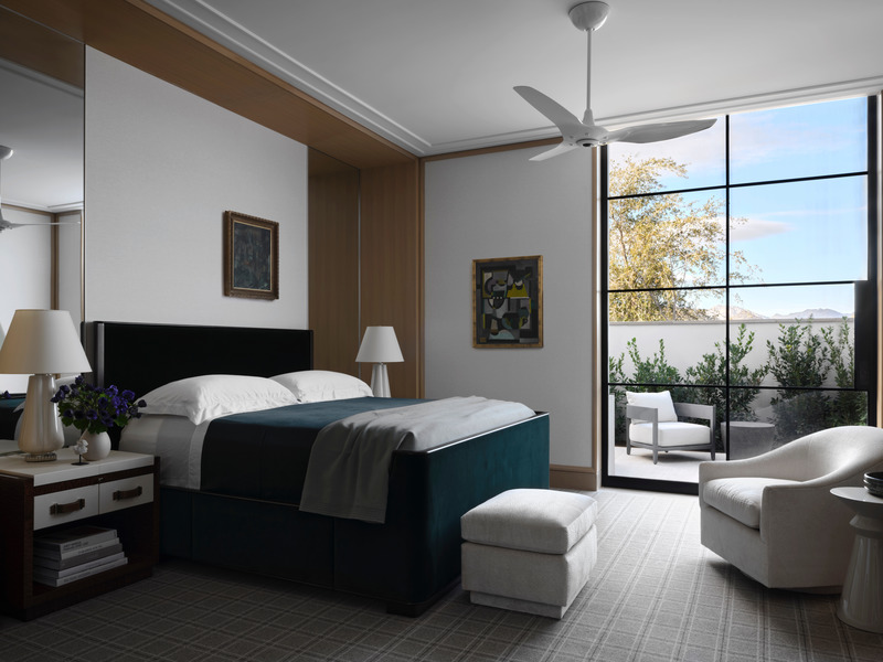 Press kit | 6087-03 - Press release | Family Connections: a Five-Star Retreat in the Desert Southwest - Daniel Joseph Chenin, Ltd. - Residential Interior Design - Each of the guest bedrooms offers accommodations equal in size, with resort-quality touches including millwork walls with upholstered inserts, custom-embedded storage drawers in the beds to maximize space. - Photo credit: Douglas Friedman