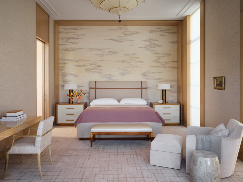Press kit | 6087-03 - Press release | Family Connections: a Five-Star Retreat in the Desert Southwest - Daniel Joseph Chenin, Ltd. - Residential Interior Design - <p>In the primary bedroom, a hand-painted Fromental wallcovering and custom-designed wall-to-wall carpeting complete the suite’s luxurious embrace.</p> - Photo credit: Douglas Friedman