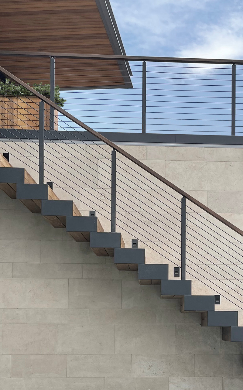 Press kit | 5795-05 - Press release | ANX Places Zinc and Wood Volume Overlooking the Sierra Pelona Mountains - ANX / Aaron Neubert Architects - Residential Architecture - Exterior Stair Detail<br> - Photo credit: Brian Thomas Jones