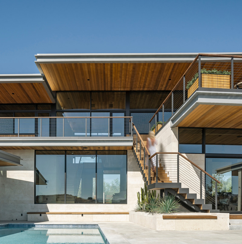 Press kit | 5795-05 - Press release | ANX Places Zinc and Wood Volume Overlooking the Sierra Pelona Mountains - ANX / Aaron Neubert Architects - Residential Architecture - Pool Terrace / Second Floor Balcony / Exterior Stair<br> - Photo credit: Brian Thomas Jones