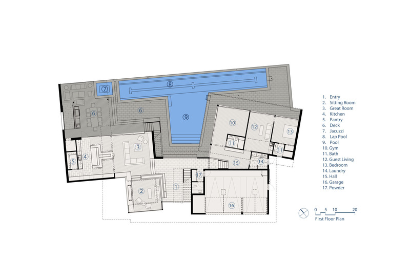 Press kit | 5795-05 - Press release | ANX Places Zinc and Wood Volume Overlooking the Sierra Pelona Mountains - ANX / Aaron Neubert Architects - Residential Architecture - First Floor Plan - Photo credit: ANX / Aaron Neubert Architects