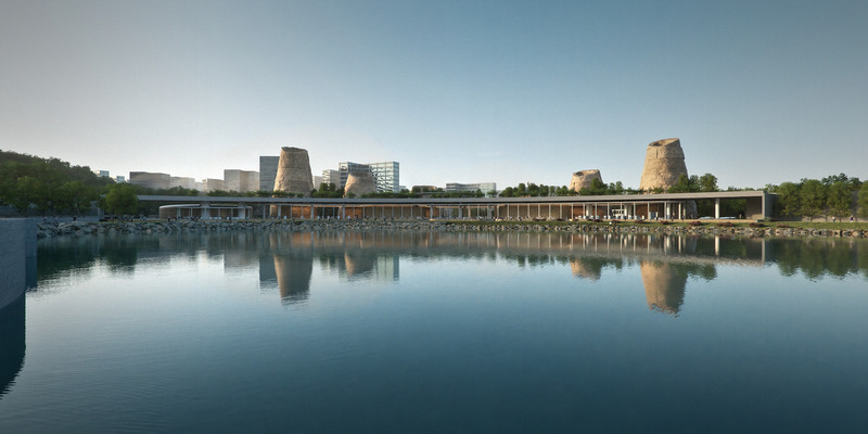 Press kit | 2204-03 - Press release | Chimneys Are the New "Sexy" - SOUR  + Seoinn Design Group - Competition - Museum Library Cultural Complex, Lake Side View - Photo credit: SOUR