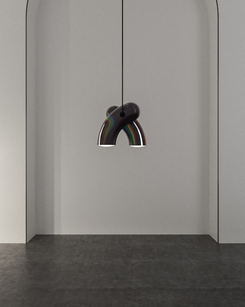 Press kit | 2375-08 - Press release | Back at the ICFF/Wanted Design to Introduce the Hyphen Wall and Upgrades on the Iconic RA Collection - d'Armes - Lighting Design - Hyphen Pendant in Chromatic Black - Photo credit:   Diego Rapuzzi  